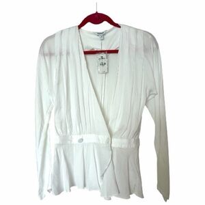Express NWT White Silky Sheer Blouse with Covered Buttons and Peplum